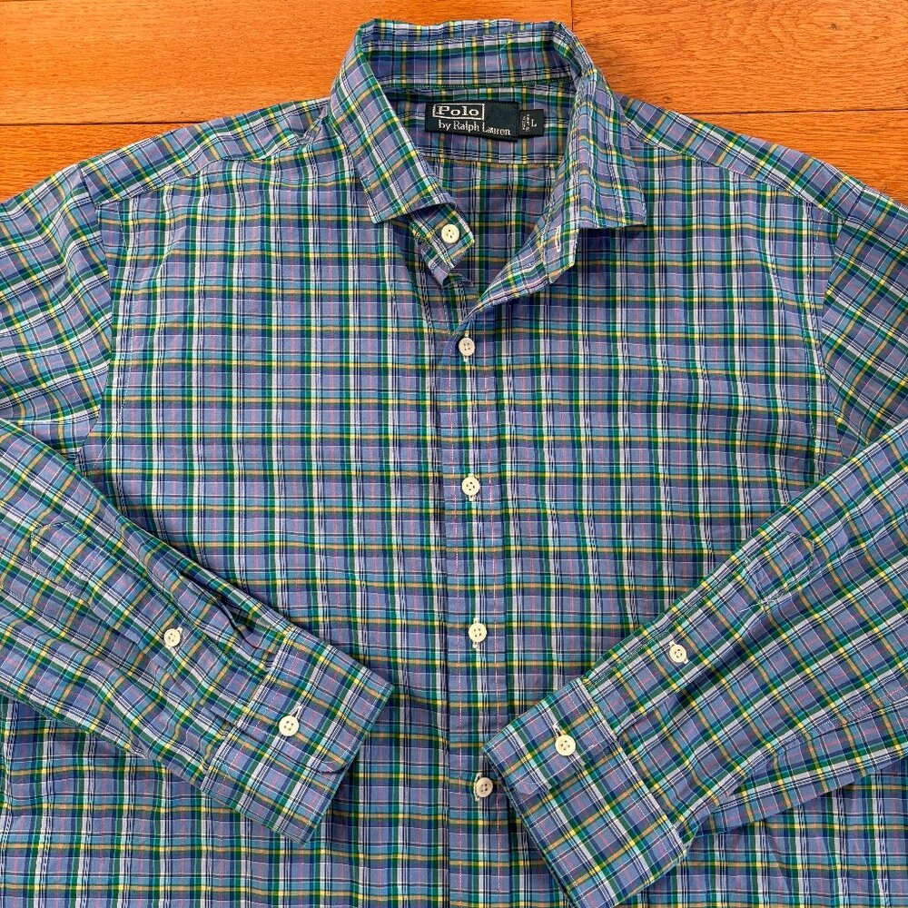 VTG Polo Ralph Lauren Mens L Plaid Button Up Long Sleeve Shirt‎ Pastel Cotton